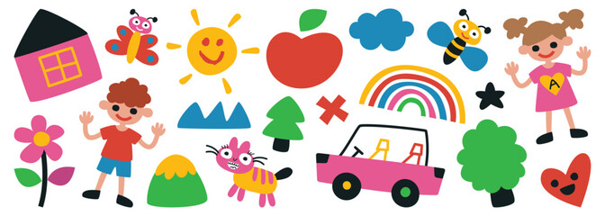 Hand Drawn Childish Characters And Objects