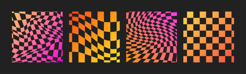 Psychedelic Checkerboard. Gradient neon groovy background. Hippie square backdrop. Y2k aesthetic. Retro funky vector illustration. Pattern in trendy 70s cartoon style.