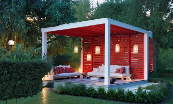 Modern gazebo with red and white walls surrounded by lush green plants