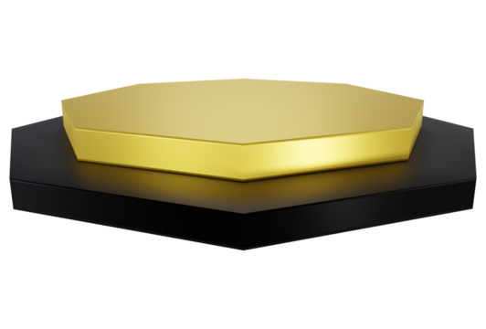 Black and gold octagonal pedestal viewing platform. Empty Exhibition stage background or podium for product display in minimal scene
