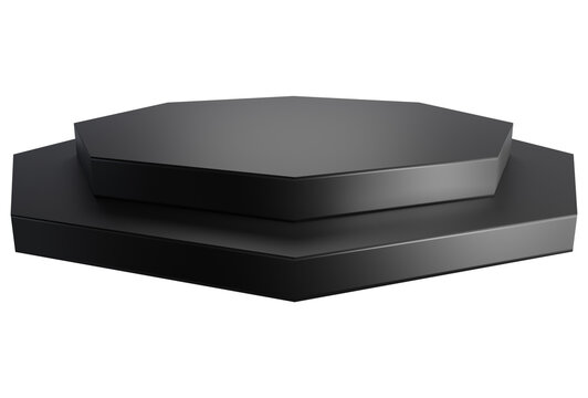 Black octagonal pedestal viewing platform. Empty Exhibition stage background or podium for product display in minimal scene