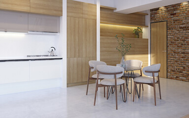 Modern dining area with minimalist wood accents