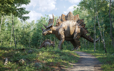 dinosaur roaming through a dense, sunlit forest. © Victor zastol'skiy