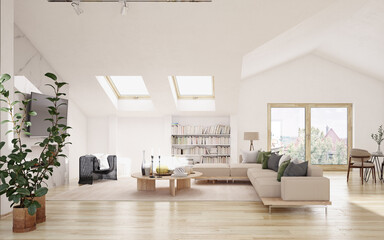 Bright, minimalist loft living room