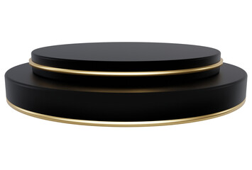 Black pedestal display platform with gold trimmed modern podium stand. Empty Exhibition stage background or empty product shelves.