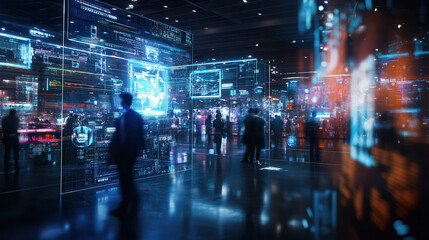 Futuristic digital art depicting bustling technological environment with holographic displays and silhouettes of people interacting