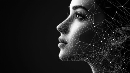 A digital art representation of a woman\'s face using intricate lines and points against a dark background showcasing technological themes