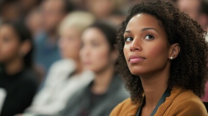 Obraz premium Audience member attentively listening at a conference in a well-lit auditorium during a speaker presentation