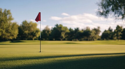 A golf course's flagstick with a focus on the flag and cup, outdoor setting with gentle breeze, Classic style