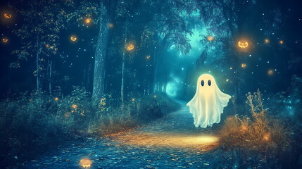 Enchanting Forest Path with a Cute Ghost