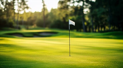A golf course's flagstick with flag blowing in breeze, green grass and trees in background, Elegant style