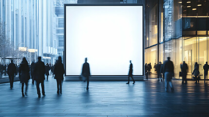 Blank Billboard in City Setting with Blurred People Walking Past, Modern Urban Scene Illustration