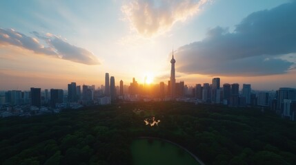 Naklejka premium A stunning sunset over a modern city skyline, showcasing urban architecture and natural beauty.