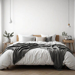 Scandinavian Bedroom with Blank Wall Above Bed