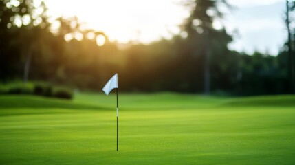 Obraz premium A golf course's flagstick with flag blowing in wind, green grass and trees in background, Elegant style