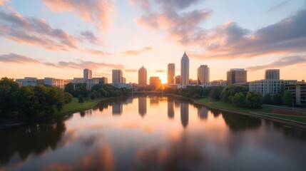Fototapeta premium Stunning cityscape with skyscrapers reflecting in a calm river at sunset