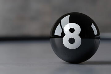 Black billiard ball with number eight on table, ready for play