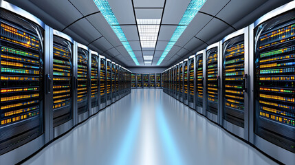 Fototapeta premium High tech data center with rows of servers and bright LED lights. modern design showcases advanced technology and cybersecurity features, creating secure environment