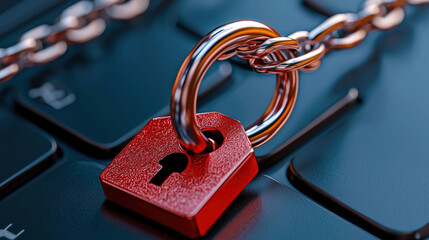 red padlock secured with chain on keyboard symbolizes digital security and protection. This conveys importance of safeguarding online information and privacy