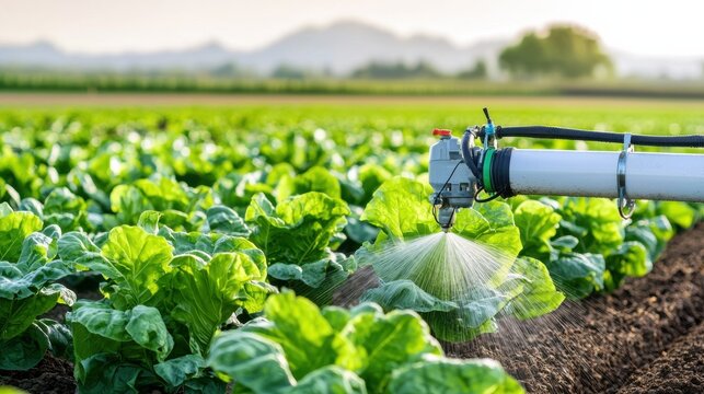 Irrigation system spraying crops sustainable farm agriculture technology rural landscape close-up view eco-friendly practices