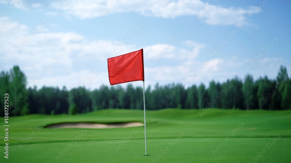 Poster a golf course's flagstick with waving flag, outdoor setting with gentle breeze, dynamic style