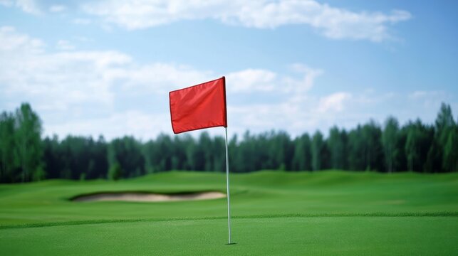 A golf course's flagstick with waving flag, outdoor setting with gentle breeze, Dynamic style