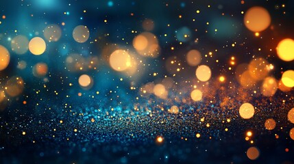 Festive new year and holiday celebration banner featuring abstract gold bokeh lights on a dark blue background for elegant party invitations, seasonal greeting cards, and stylish digital designs