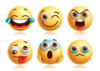 Laughing emoji vector characters set. Emojis 3d icon clip art character collection in winking, happy, shouting, naughty, scream and pleading facial expression. Vector illustration laughing graphic 