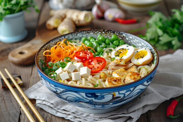 Appealing Asian Noodle Bowl Recipe Set On Rustic Wooden Table