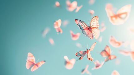 A cute background with tiny pastel butterflies fluttering across a light blue backdrop, with a soft gradient.