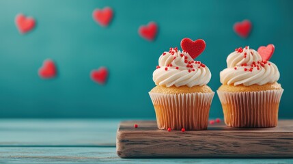 Romantic cupcakes with heart sprinkles cozy kitchen food photography bright colors close-up love theme
