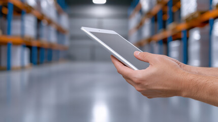 Close up of hand holding tablet in warehouse setting