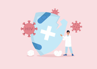 Cracked Immune system shield by HIV virus. Doctor holding the shield. Vector illustration in flat style.
