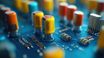 High resolution macro shot of electronic components on circuit board, showcasing capacitors and resistors in vibrant colors