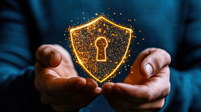 Hands holding glowing shield symbolizing security and protection, representing cybersecurity and digital safety