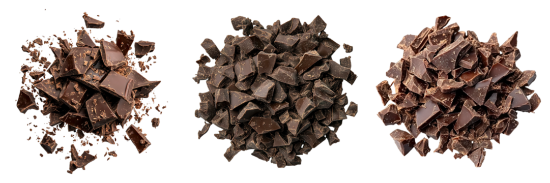 Chocolate pieces isolated on transparent background, set of