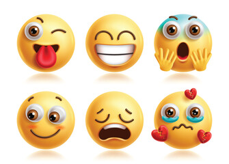 Wink emoji vector characters set. Winking emojis clip art characters with happy, silly, blush, depressed and broken heart facial expression icon collection. Vector illustration wink graphic elements. 