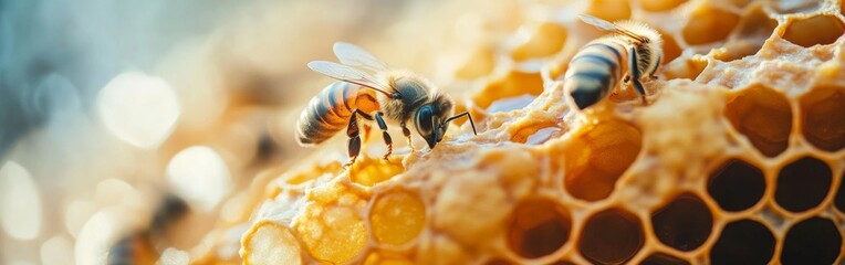 Bees work diligently on honeycomb cells, gathering nectar and pollen. The warm sunlight filters through, highlighting their busy activity in the hive