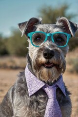Schnauzer wearing glasses and human-style accessories in humorous photo