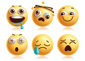 Hungry emoji characters vector set. Drooling emoji clip art characters with hurt dizzy, shy, surprise, cry and sad facial expression yellow icon collection. Vector illustration hungry emoticon element