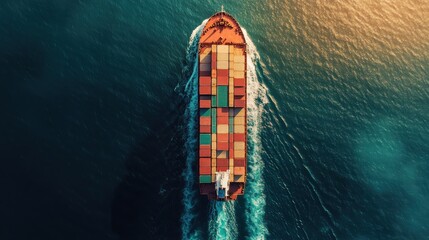 Aerial view of a cargo ship. Perfect for concepts of global trade, shipping, and transportation.