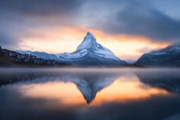 Majestic mountain peak reflected in serene lake at sunset