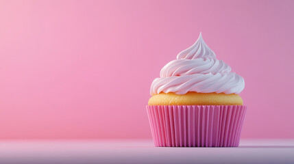 Delicious cupcake with pink frosting on pastel background