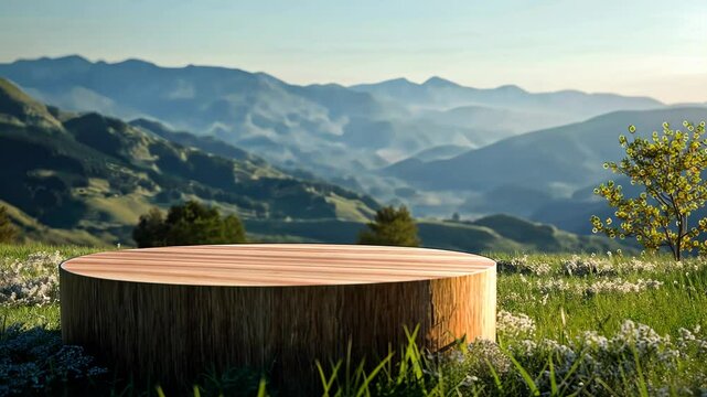 Outdoor product podium in a spring valley with lush grass and mountain range. Ideal for product display and nature themes. 3D visualization with a serene environment for design and marketing.