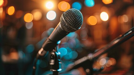 Close-up of a Microphone with Blurry Lights in the Background