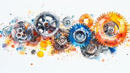 Artistic watercolor of interconnected gears on white background