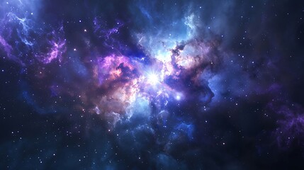 Obraz premium A galaxy background with a bright star cluster in the center, surrounded by deep blue and purple cosmic clouds.