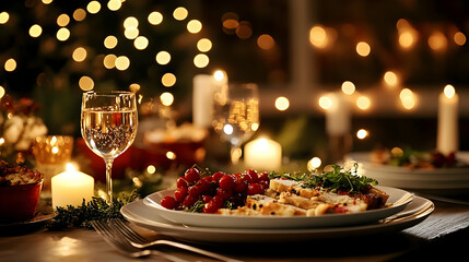 Roasted Chicken with Cranberries Festive Dinner, Glowing Candlelight Background, Romantic Ambiance