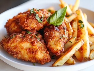Delicious fried chicken and french fries served on a white plate