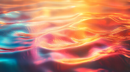 Abstract 3D Render of Vibrant, Wavy Liquid Surface with Iridescent, Sunset Hues, Shimmering Texture